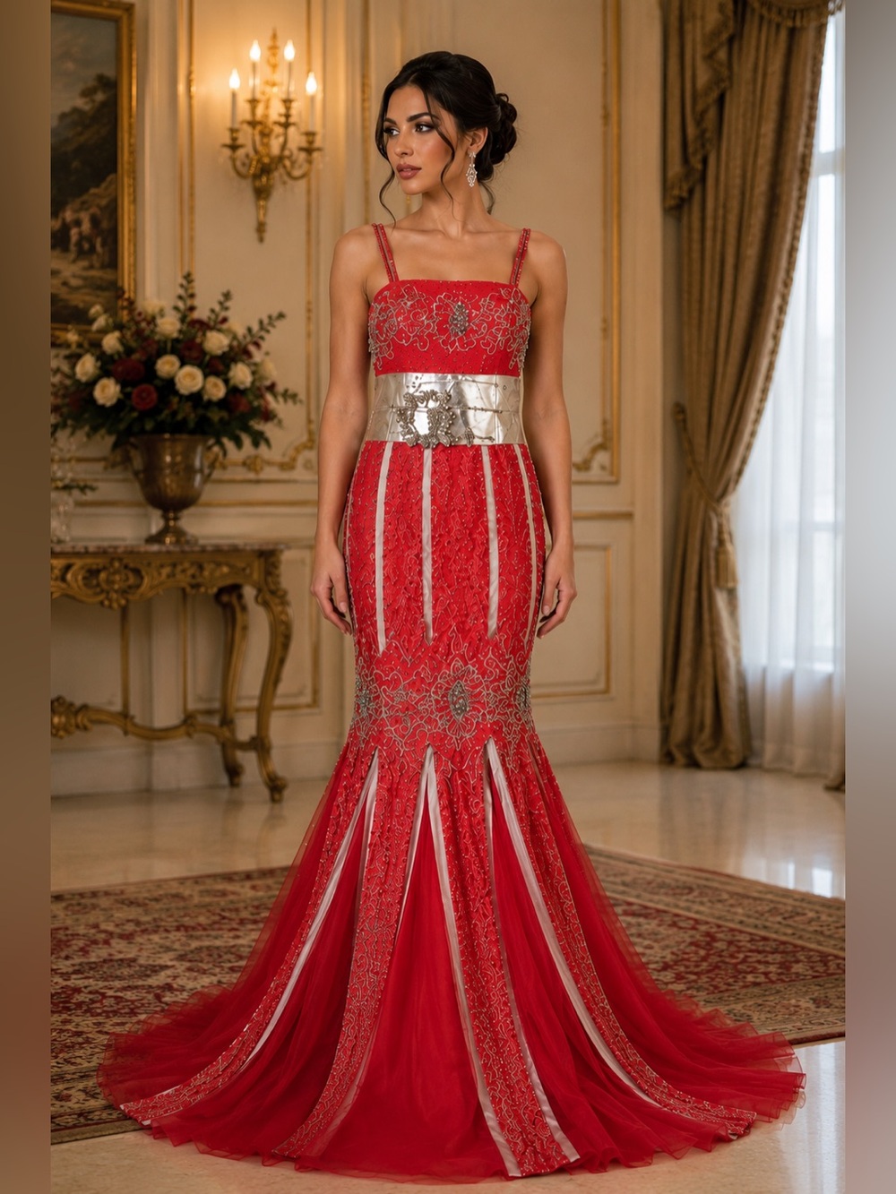 Red Embellished Mermaid Maxi Dress with Metallic Silver Waist